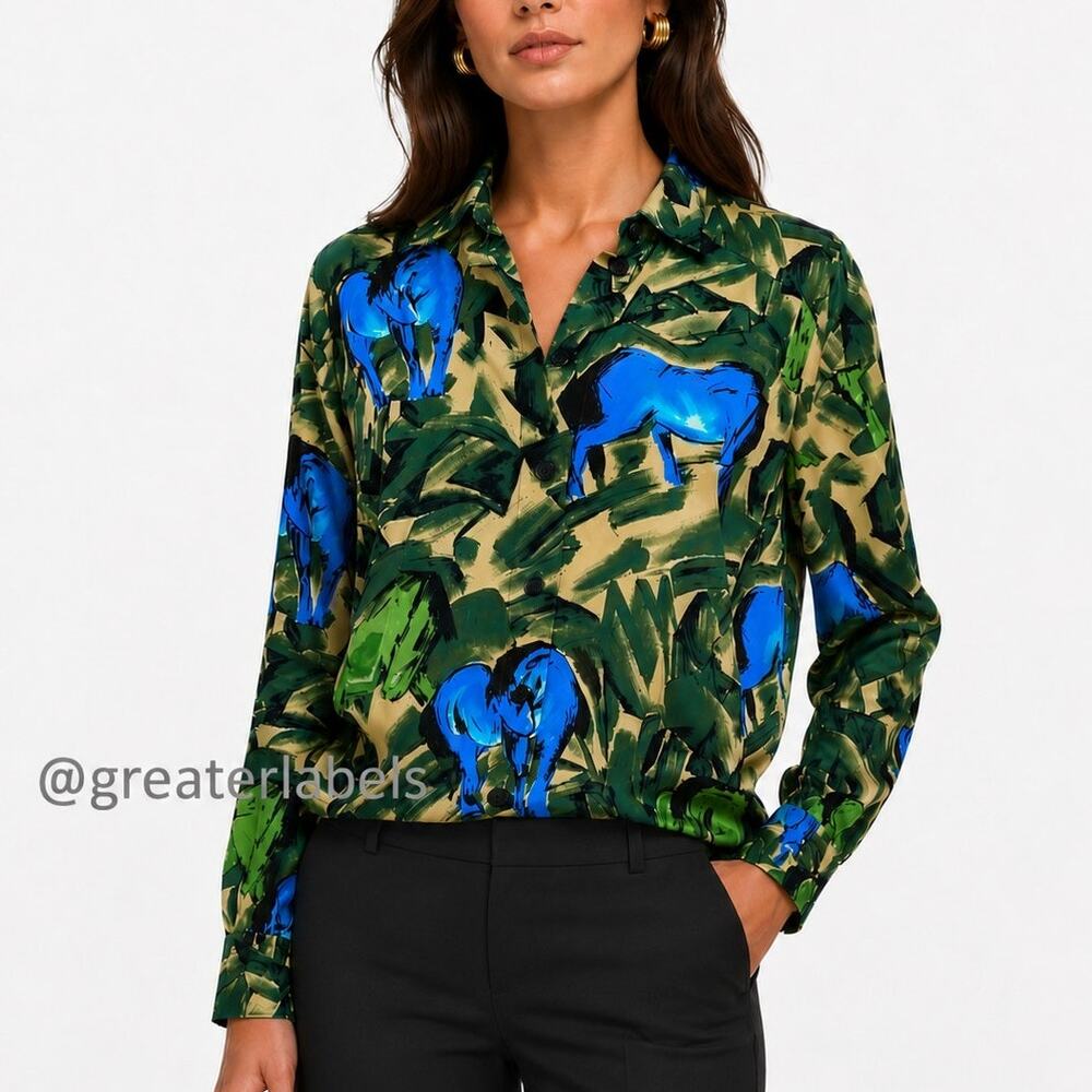 Vintage ESCADA Margaretha Ley 80s 90s Silk Wild Horses Print Blouse Rare Size 36